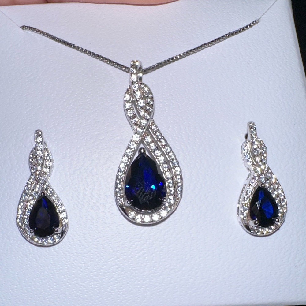 Lab created Sapphire necklace & earrings set real sterling silver never used.